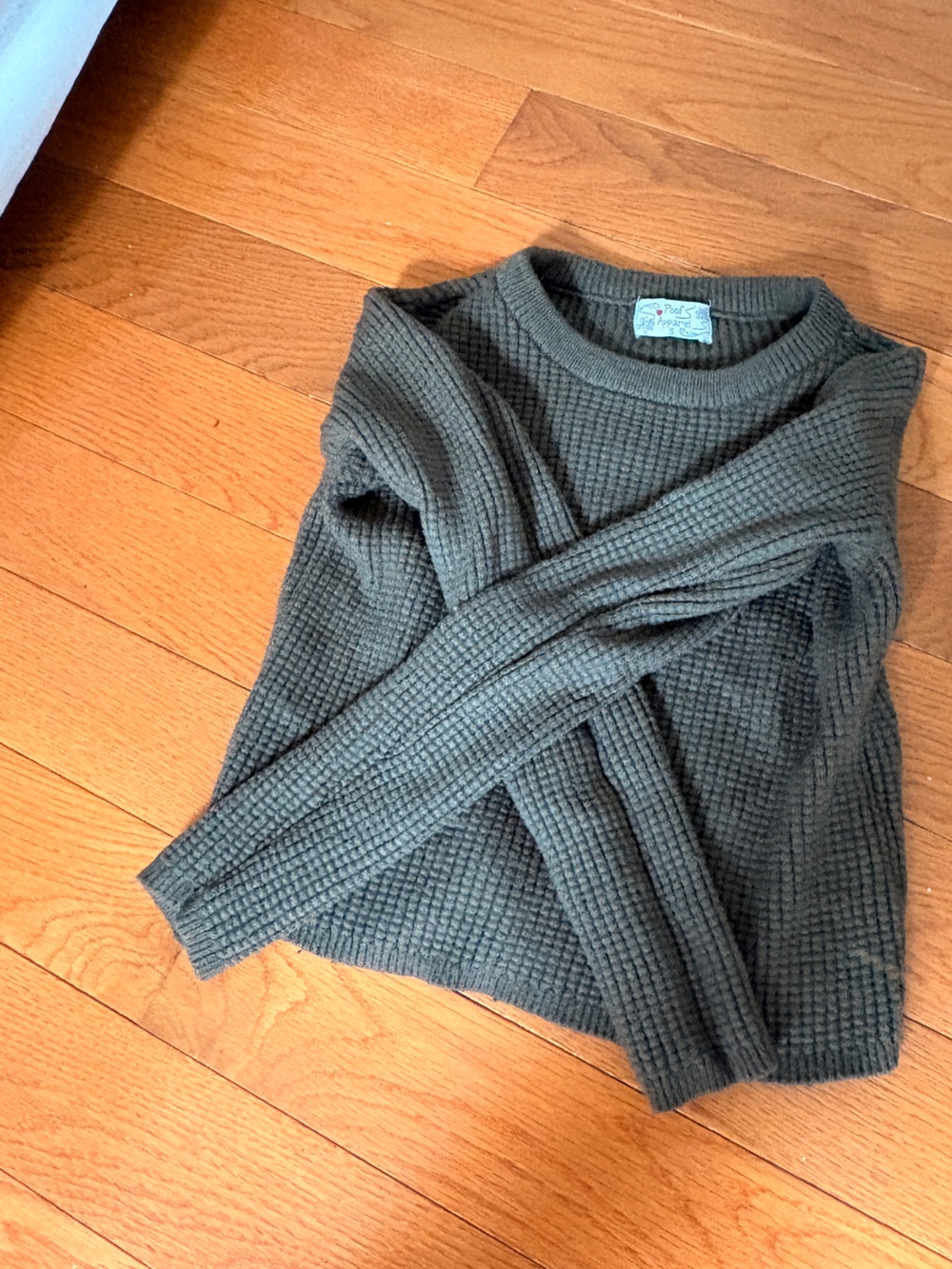Waffle Knit Crewneck Sweater in Olive Green